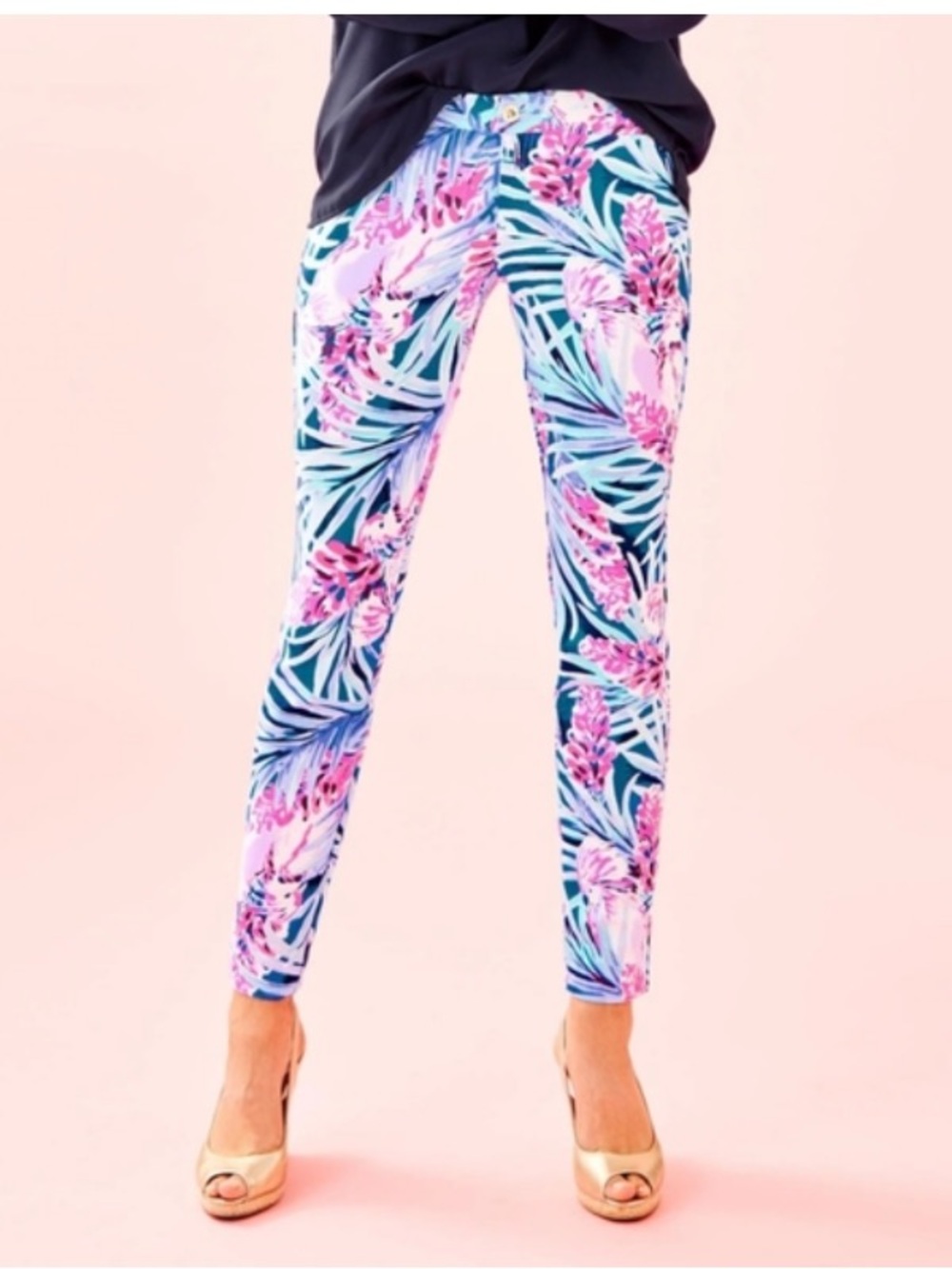 Lilly Pulitzer Kelly Knit Tropical Floral Peacock Low Rise Skinny Ankle Pants 00